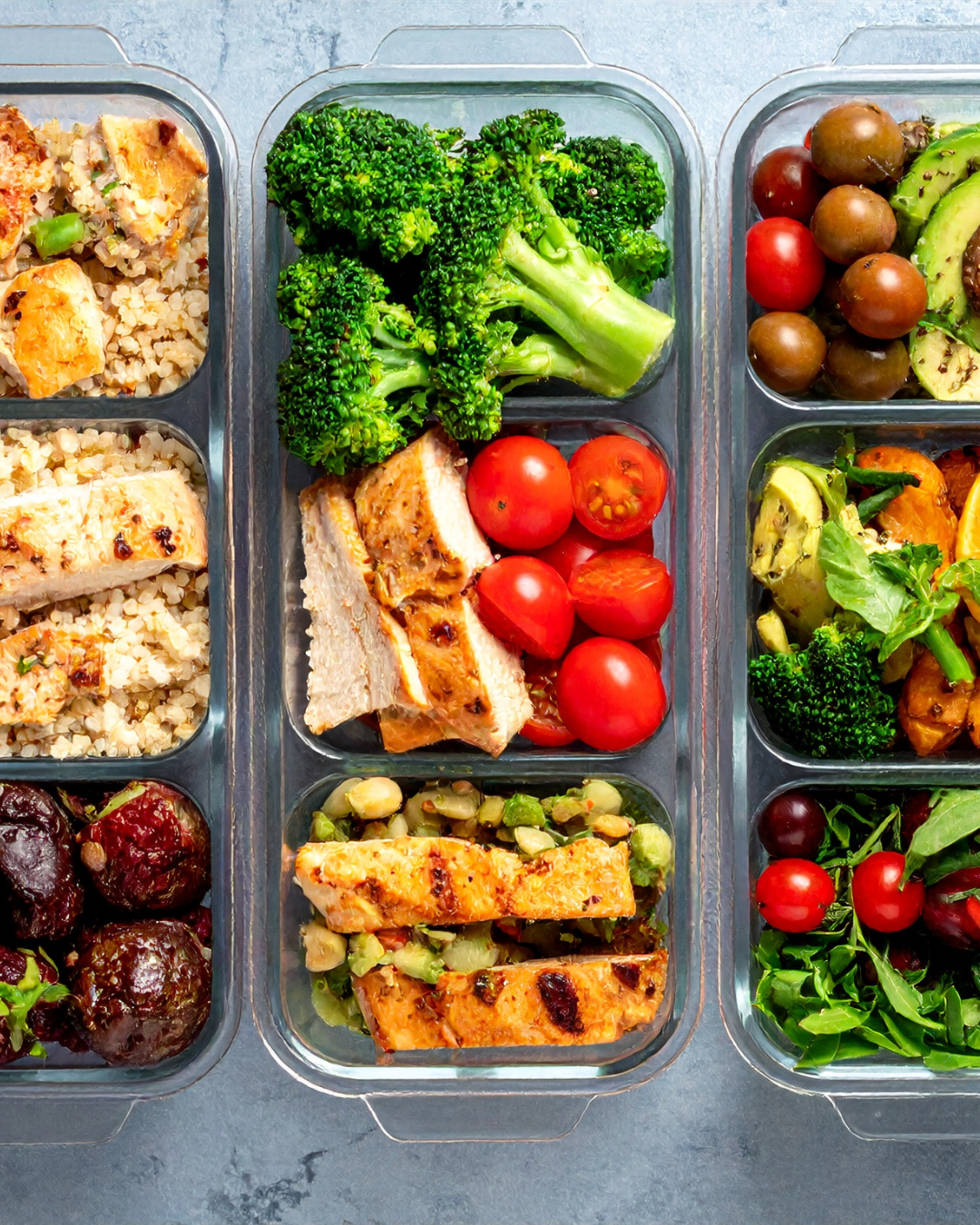 Healthy meal-prep containers with chicken, vegetables and grains